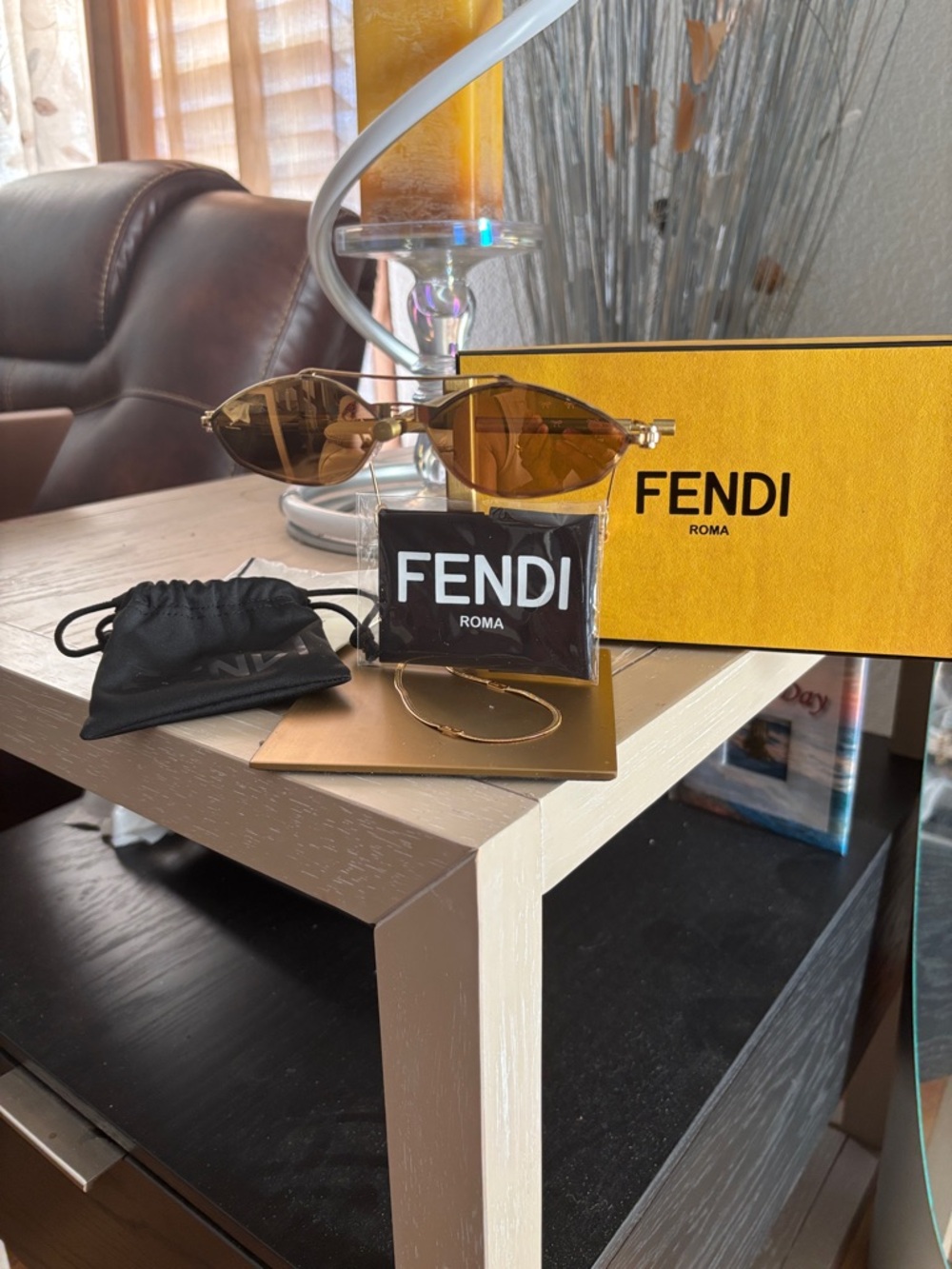 Fendi Sunglasses with Amber Lenses and Gold Frame with original Fendi gold chain